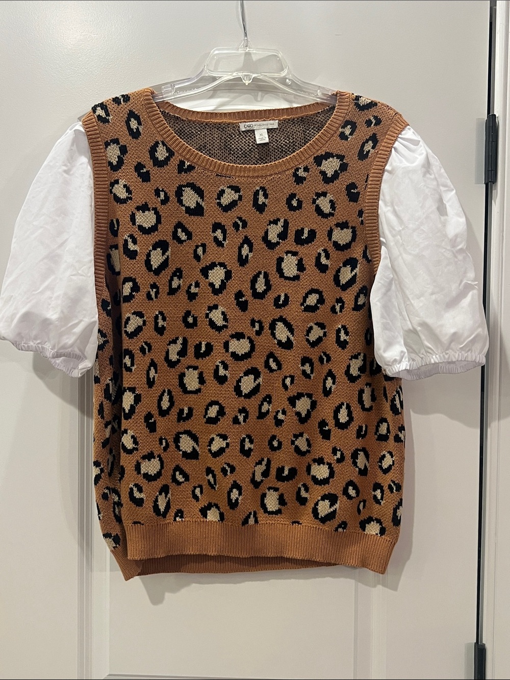 Cato Leopard Knit Puff-Sleeve Sweater Vest - Brown & White
